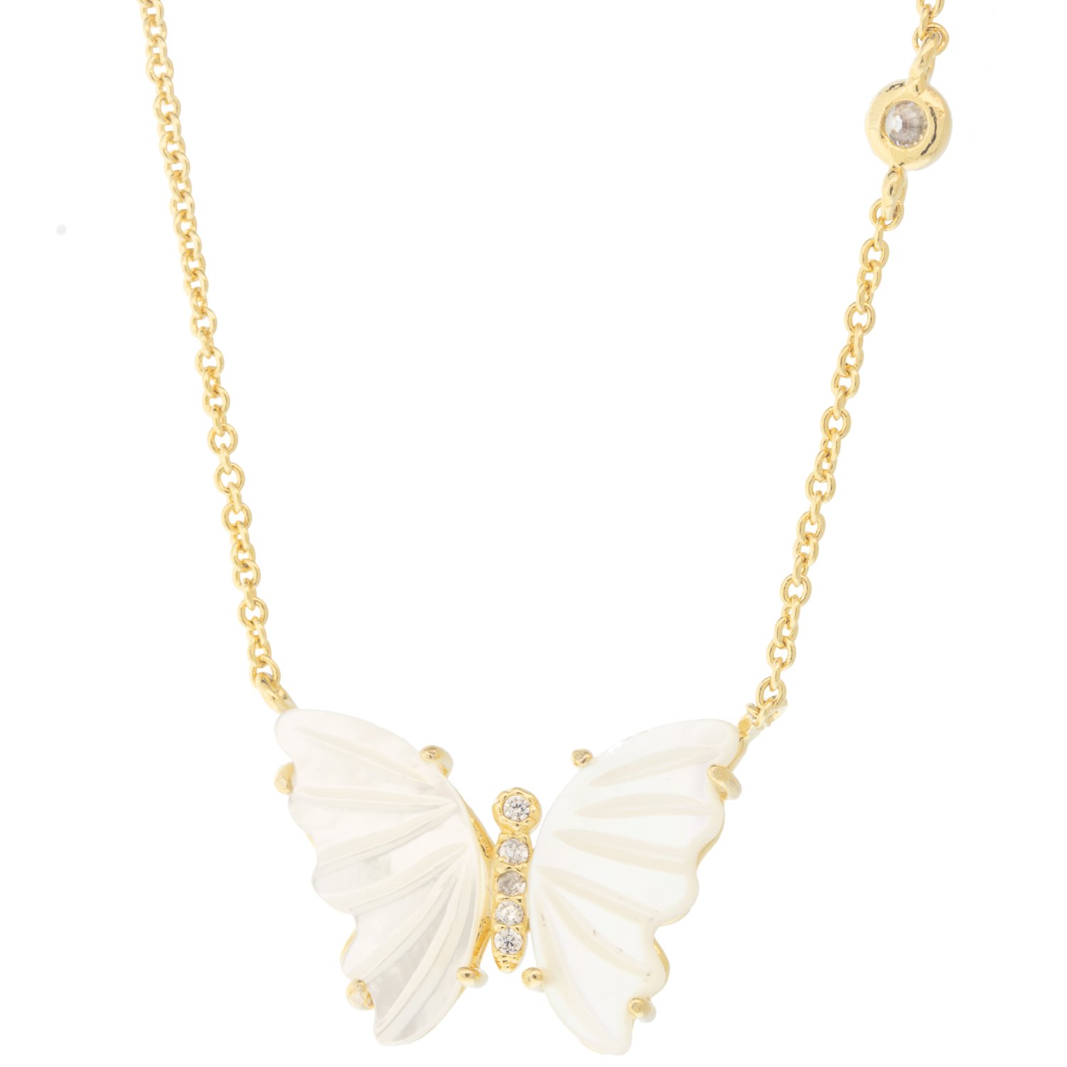 Tai: Gold Simple Chain Necklace with Mother of Pearl Cut Butterfly, Chain measures 16-18, pendant measures 1/2 x 5/8