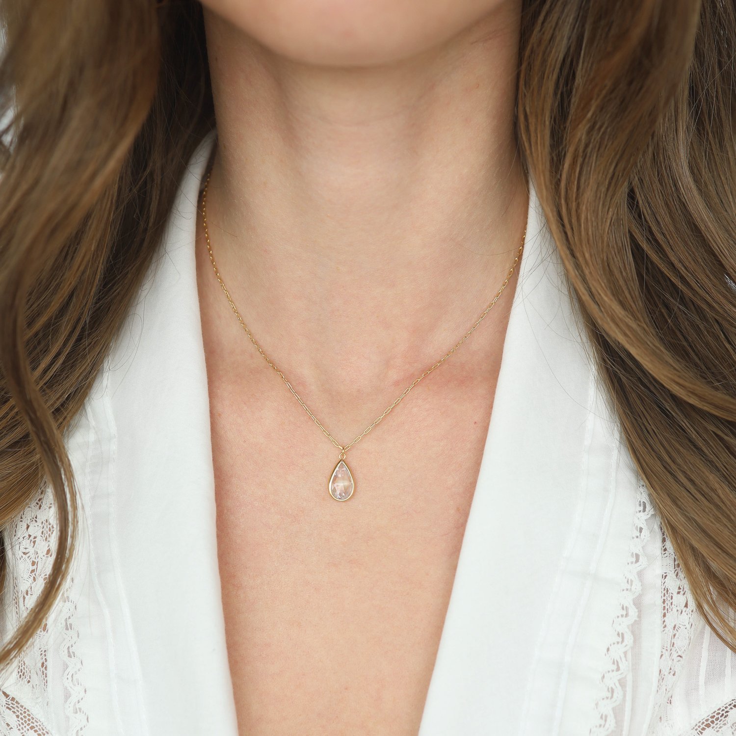 Tai: Midi Link Chain Necklace with Tear Shaped Cut Clear CZ, Chain measures 16-18” pendant measures 5/8 x 5/16 including bail