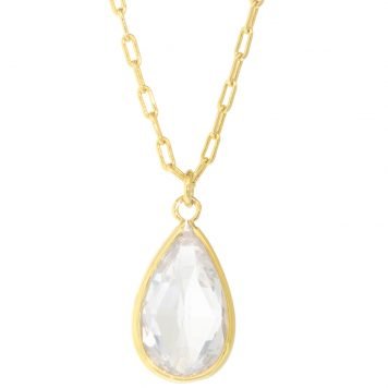 Tai: Midi Link Chain Necklace with Tear Shaped Cut Clear CZ, Chain measures 16-18” pendant measures 5/8 x 5/16 including bail