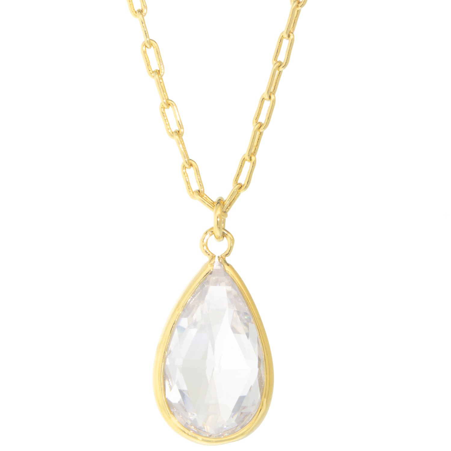 Tai: Midi Link Chain Necklace with Tear Shaped Cut Clear CZ, Chain measures 16-18” pendant measures 5/8 x 5/16 including bail
