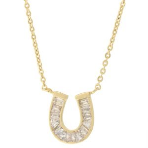 Tai: Gold Simple Chain Necklace with Horseshoe Pendant - Baguette Stones,Chain measures 16-18” pendant measures 7/16 x 5/16