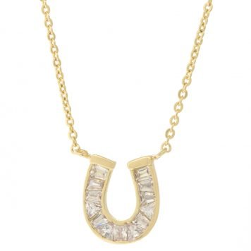 Tai: Gold Simple Chain Necklace with Horseshoe Pendant - Baguette Stones,Chain measures 16-18” pendant measures 7/16 x 5/16