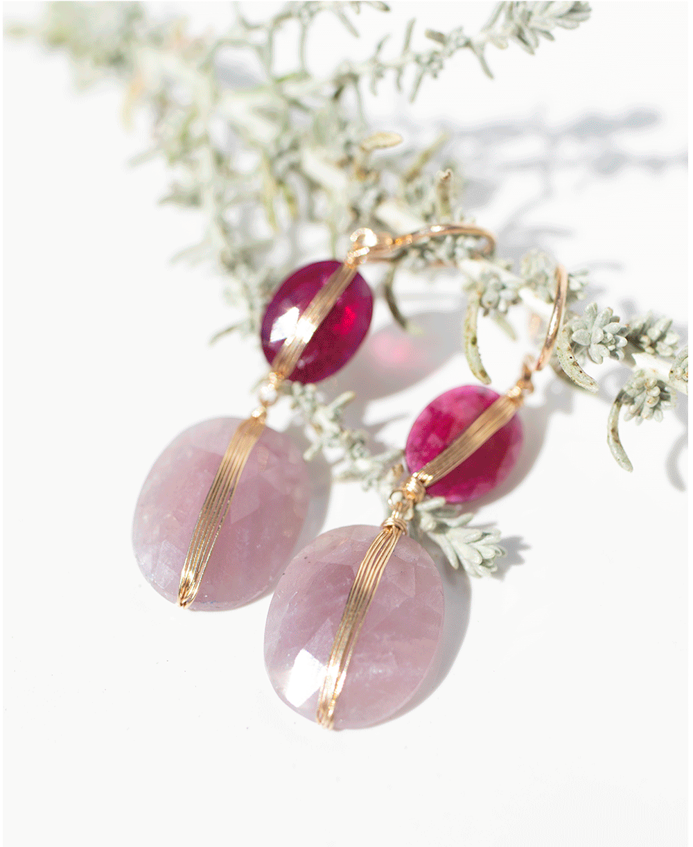 Gold wire wrapped necklaces and earrings with semi-precious and precious stones like opal and ruby by jewelry designer Dana Kellin