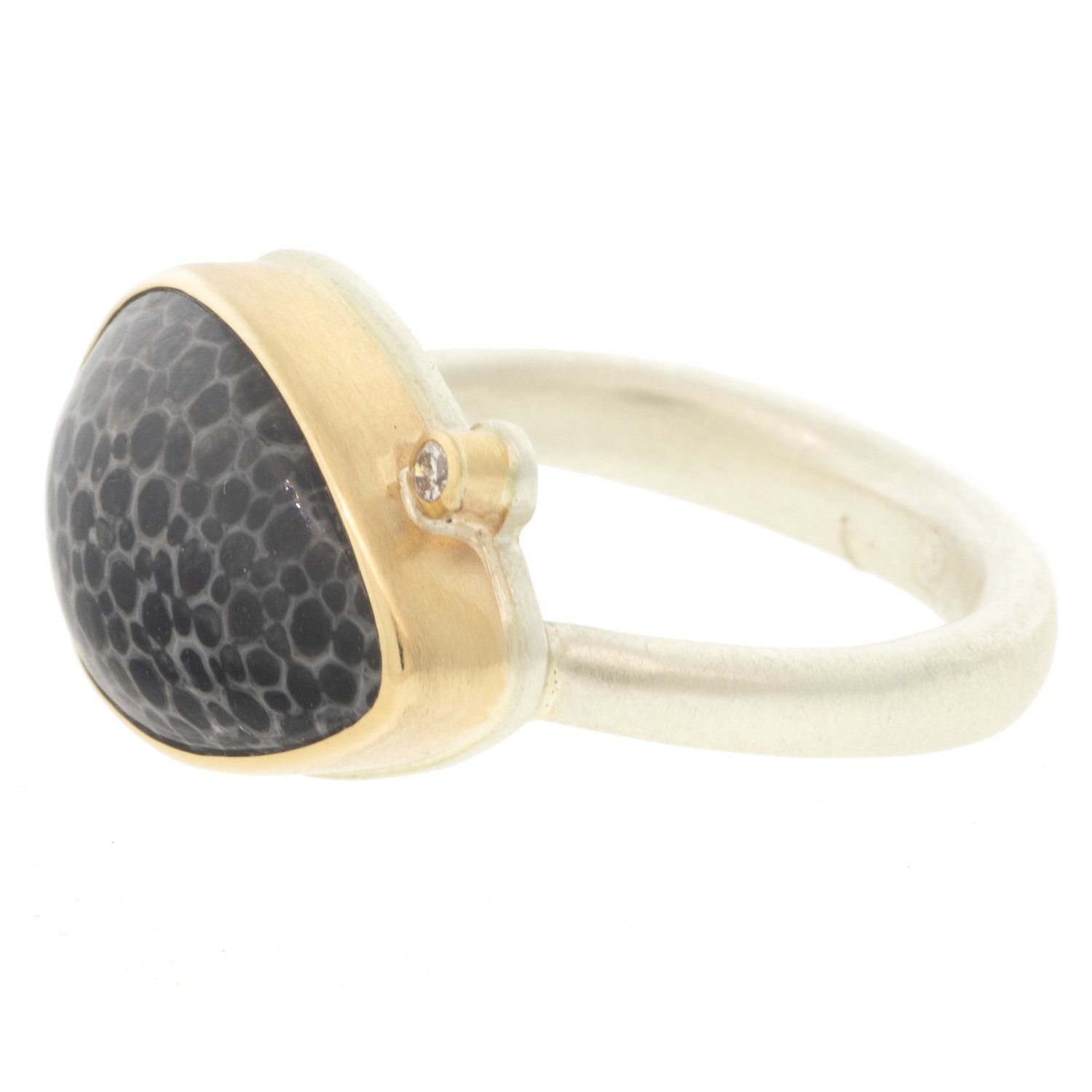 Jamie Joseph: Ring, Teardrop, 14K gold bezel set fossilized stingray coral, Satellite diamond, .025ct, Sterling silver Egyptian band, Stone measures 7/16 x 5/8, Currently available in size 7