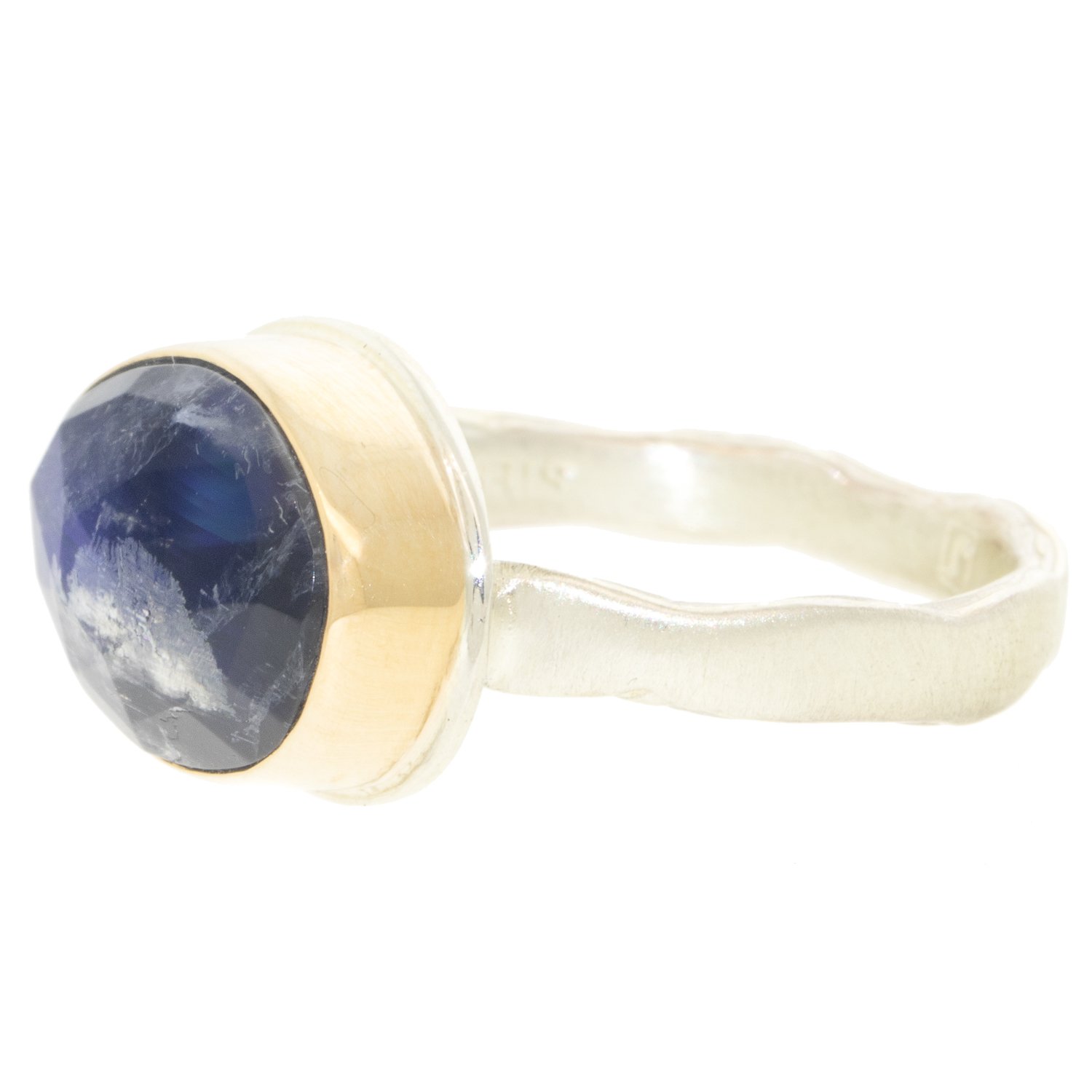 Jamie Joseph: SS & 14K Gold ring w/ small Asymmetrical Rose Cut BLUE RAINBOW MOONSTONE on Eroded Live Edge Band sz. 7.25 7/16 x 9/16