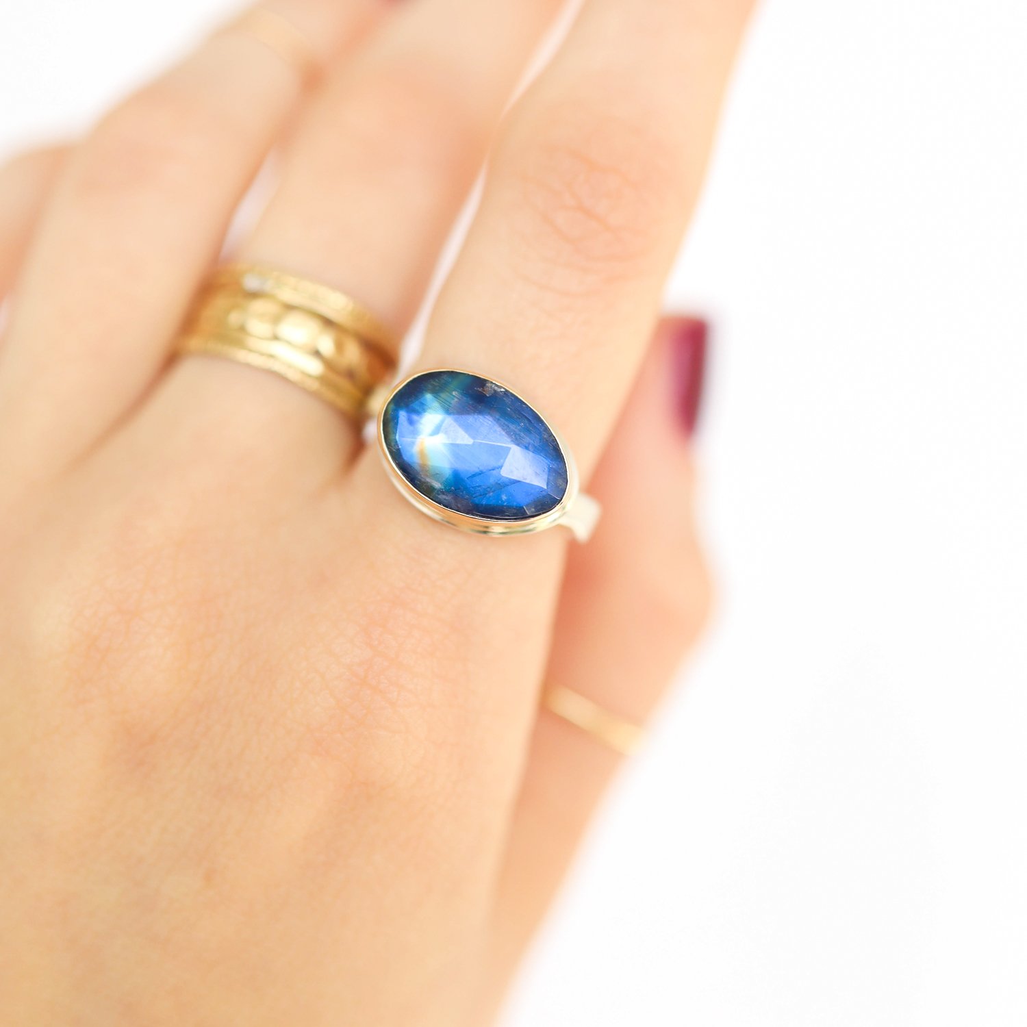Jamie Joseph: SS & 14K Gold ring w/ small Asymmetrical Rose Cut BLUE RAINBOW MOONSTONE on Eroded Live Edge Band sz. 7.25 7/16 x 9/16