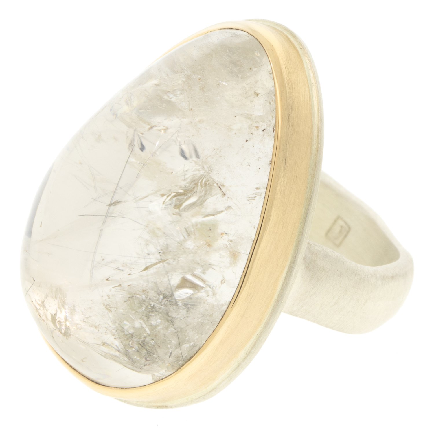 Jamie Joseph: Ring, Vertical teardrop smooth, 14K gold bezel set Quartz, Sterling silver groovy band, Stone measures 1 x 11/16, Currently available in size 7 1/2