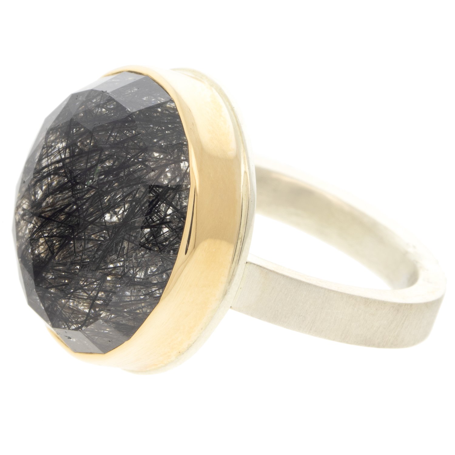 Jamie Joseph: Ring, Round rose cut, 14K gold bezel set tourmalinated quartz, Sterling silver X band, Stone measures 5/8 x 5/8, Currently available in size 7 1/4