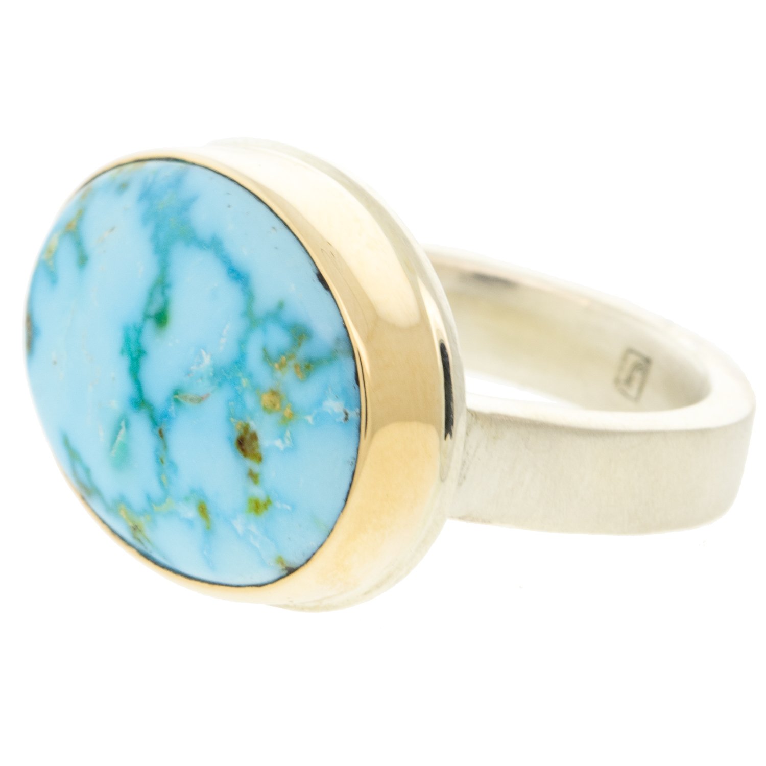 Jamie Joseph: Ring, Oval, 14K gold bezel set kingman turquoise, Sterling silver Y band, Stone measures 9/16 x 3/4, Currently available in size 7 1/4