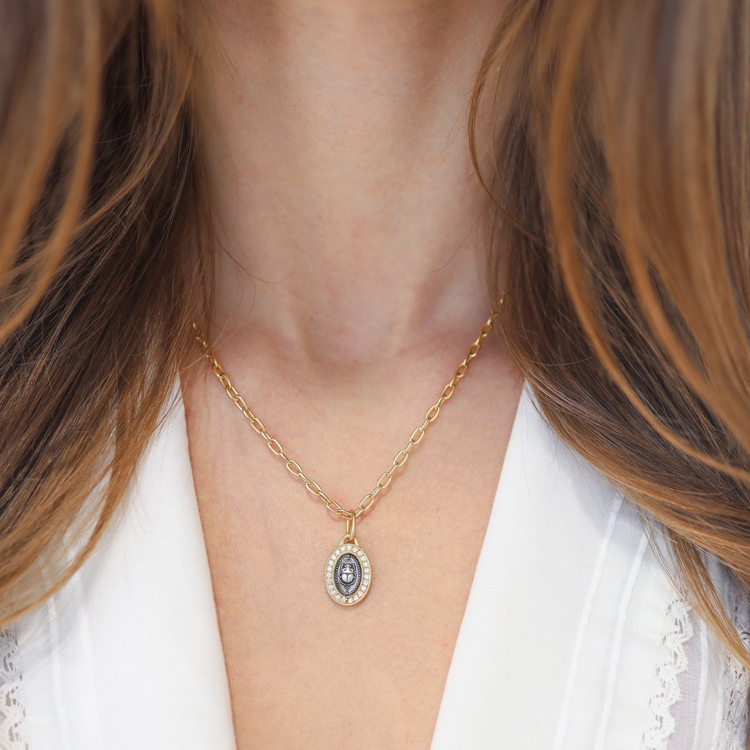 Erica Molinari: Charm, Oval, Scarab, Small size, Diamonds, .19TCW, Sterling silver, 18K gold
