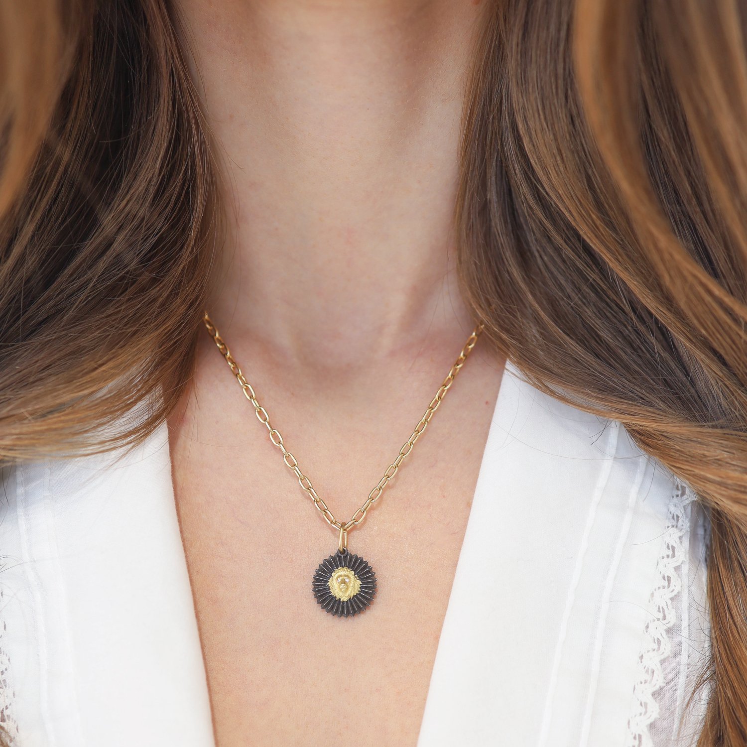 Erica Molinari: SS/18K small round RUCHE diamond eye Lion- "fierce" .004 its 1 x 11/16 inc bail