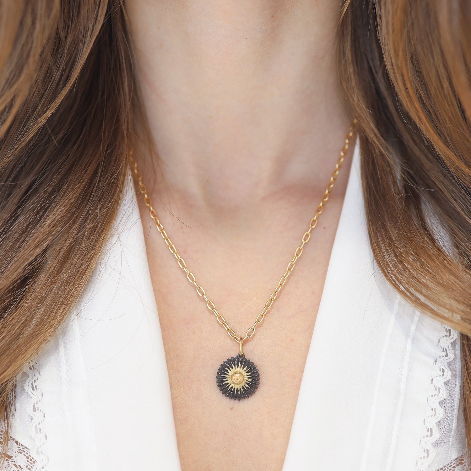 Erica Molinari: SS/18K RUCHE baby sun "I Love My Life" .01cts 1 x 11/16 inc bail