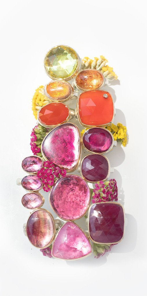 One-of-a-kind rings in sterling silver and 14K yellow gold with precious and semi-precious stones and diamonds by jewelry designer Jamie Joseph