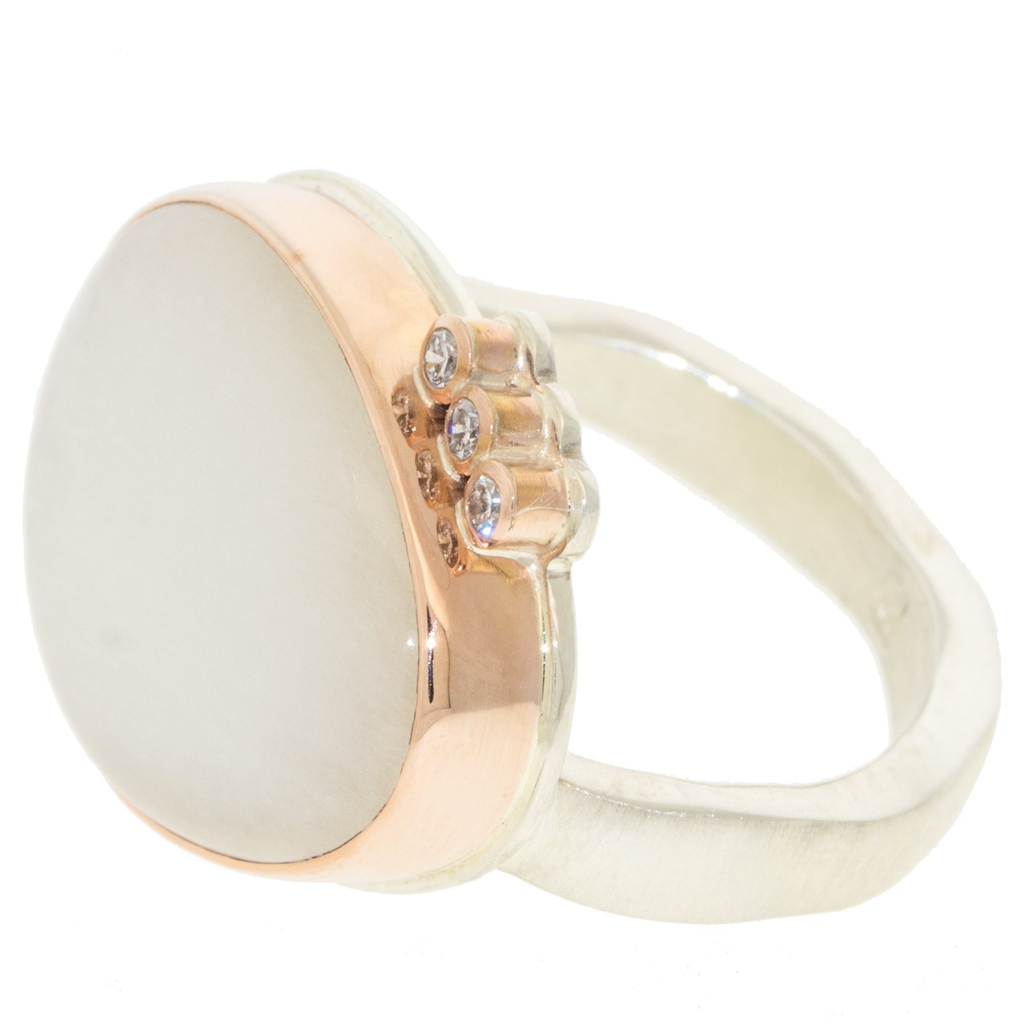 Jamie Joseph: Sterling & 14K Rose Gold Ring w/ Asymmetrical Smooth WHITE MOONSTONE & Triple Satellite Diamonds.075TCW on Soft Live Edge Band sz 7 5/8" x 13/16"