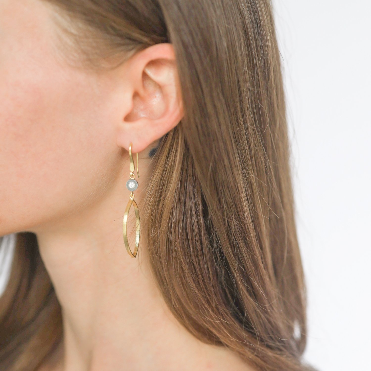 Rene Escobar Trunk Show: EARRING, YELLOW GOLD, SS, DIAMOND, measures 2 1/4" x 11/16" including earwire