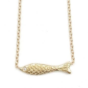 Victoria Cunningham: Necklace, Tiny Fish, 14K gold, 1/8" x 9/16", Chain measures 15"- 16"