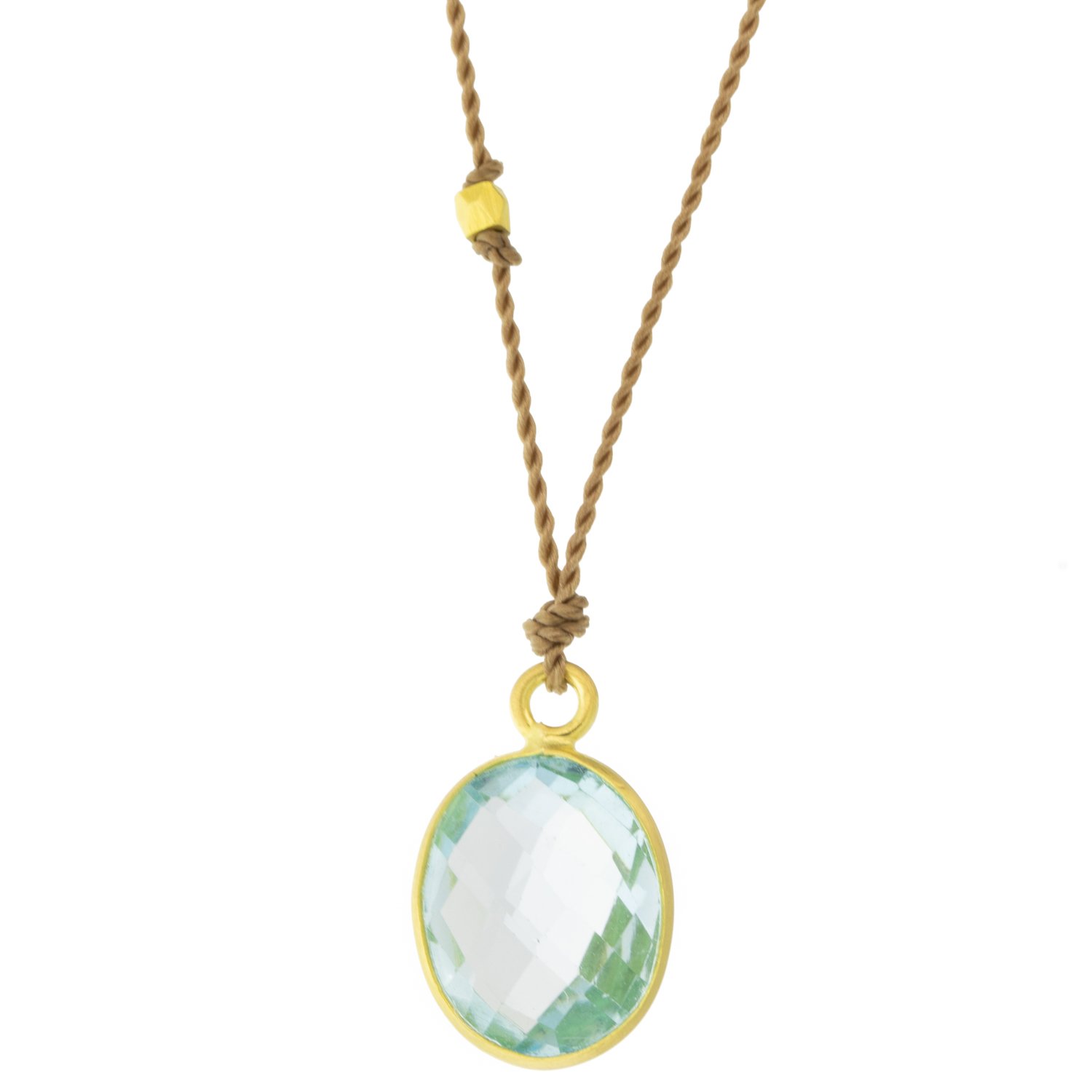 Margaret Solow: Necklace, Oval faceted Blue topaz, 18K yellow gold, Nylon cord