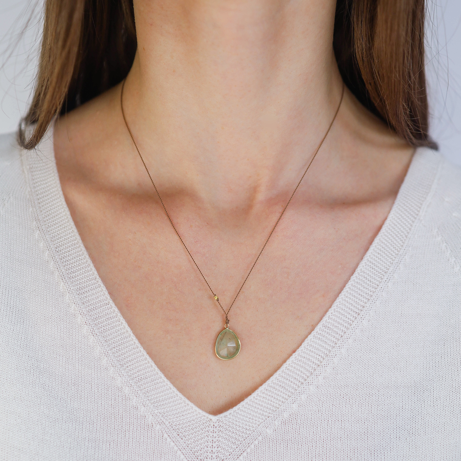 Margaret Solow: Necklace, Prehnite, 14K yellow gold, Nylon cord