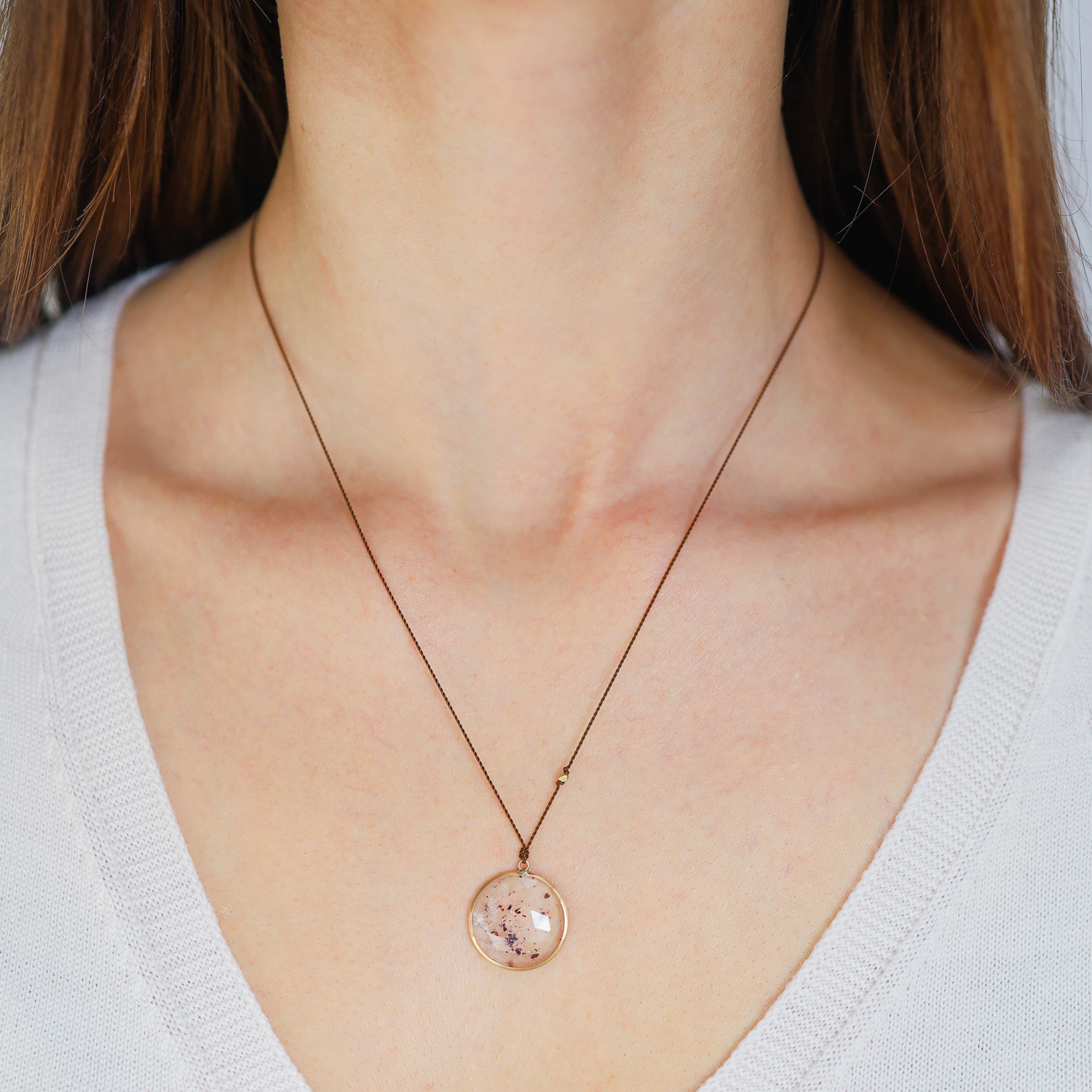 Margaret Solow: Necklace,Strawberry quartz, 18K yellow gold, Nylon cord