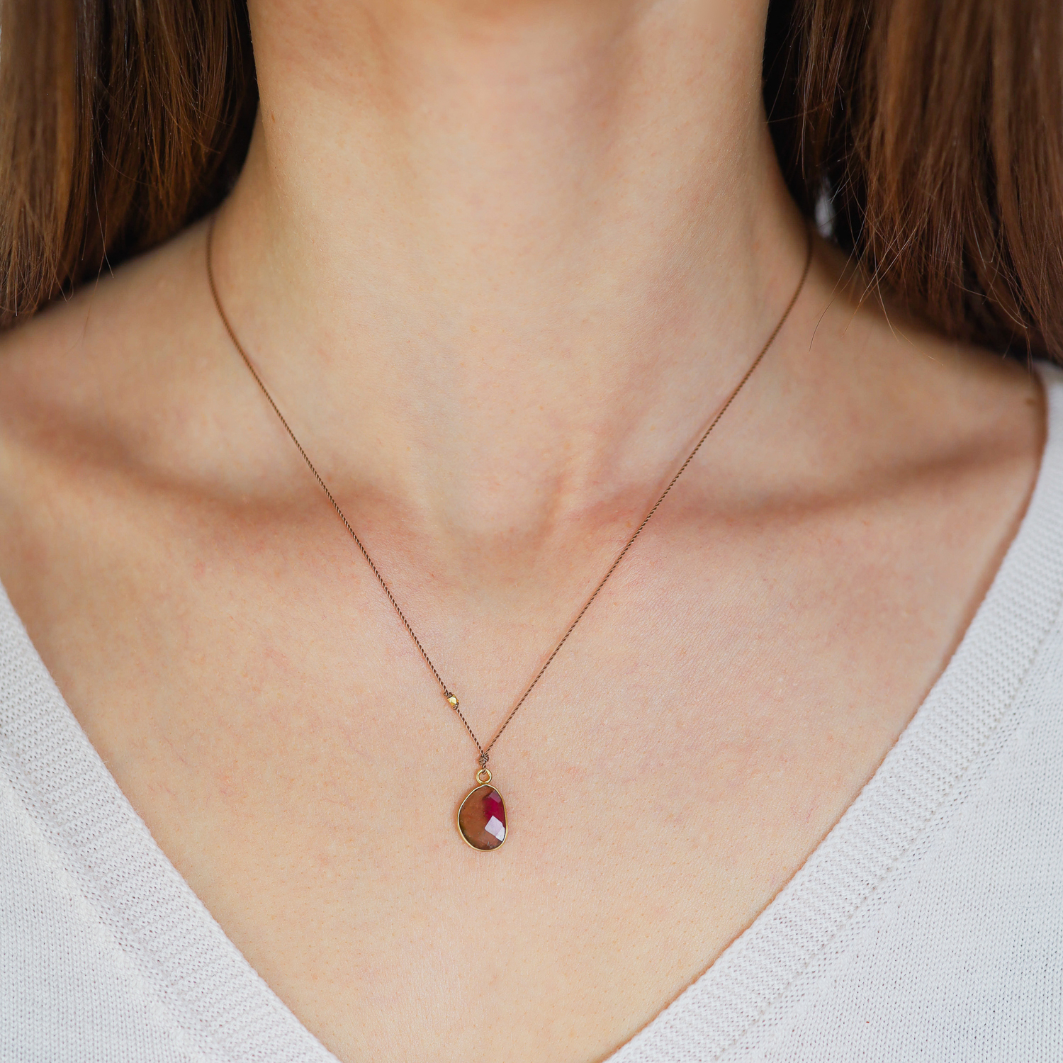 Margaret Solow: Necklace,Watermelon Tourmaline, 14K yellow gold, Nylon cord