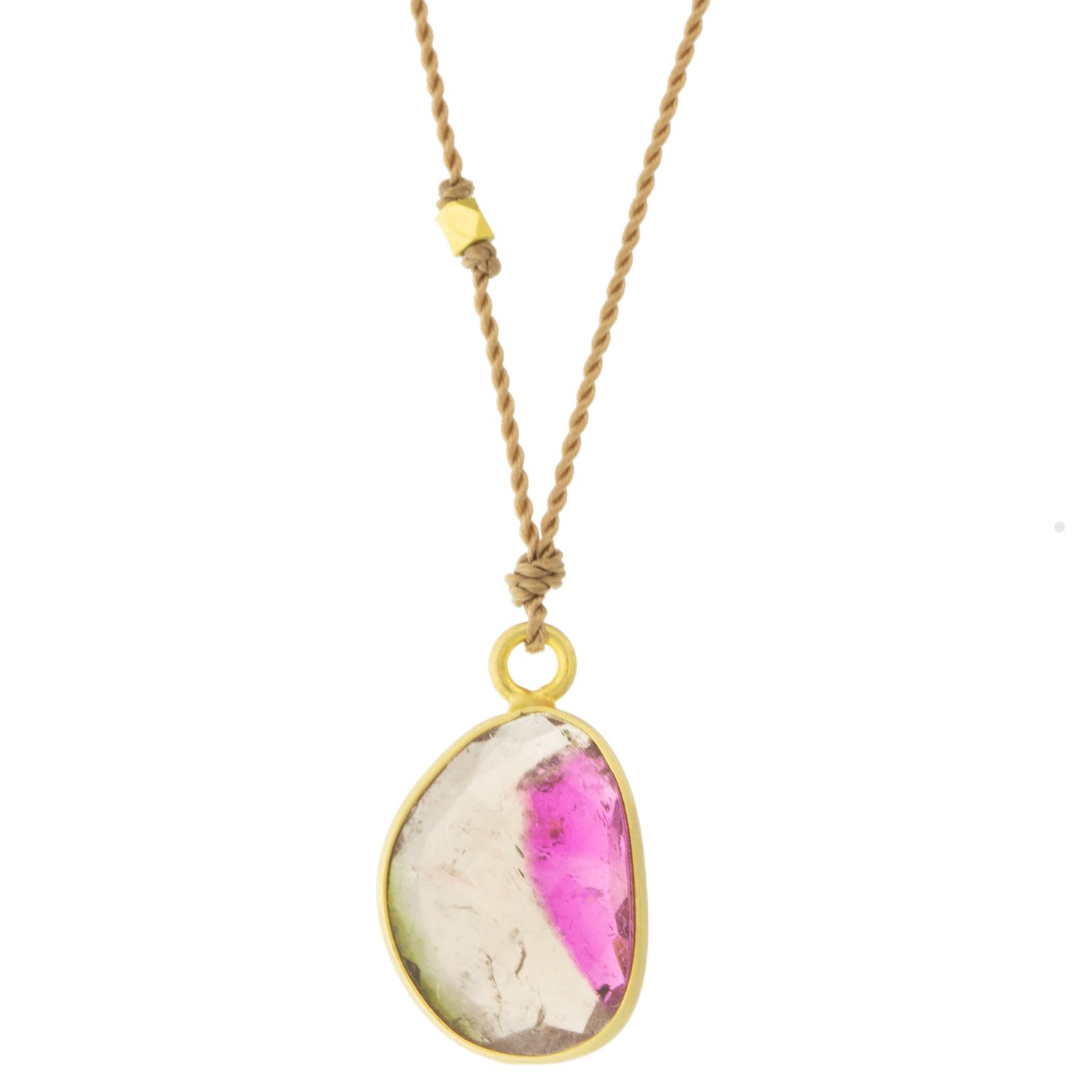 Margaret Solow: Necklace,Watermelon Tourmaline, 14K yellow gold, Nylon cord