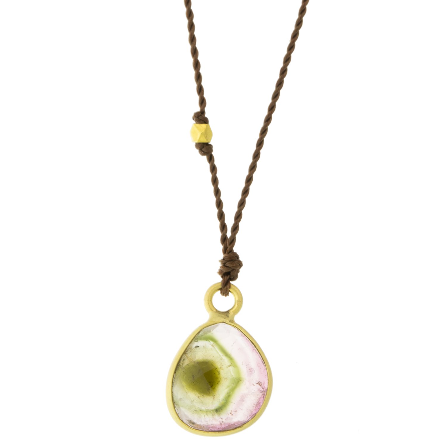 Margaret Solow: Necklace,18 kt Watermelon tourmaline on nylon cord