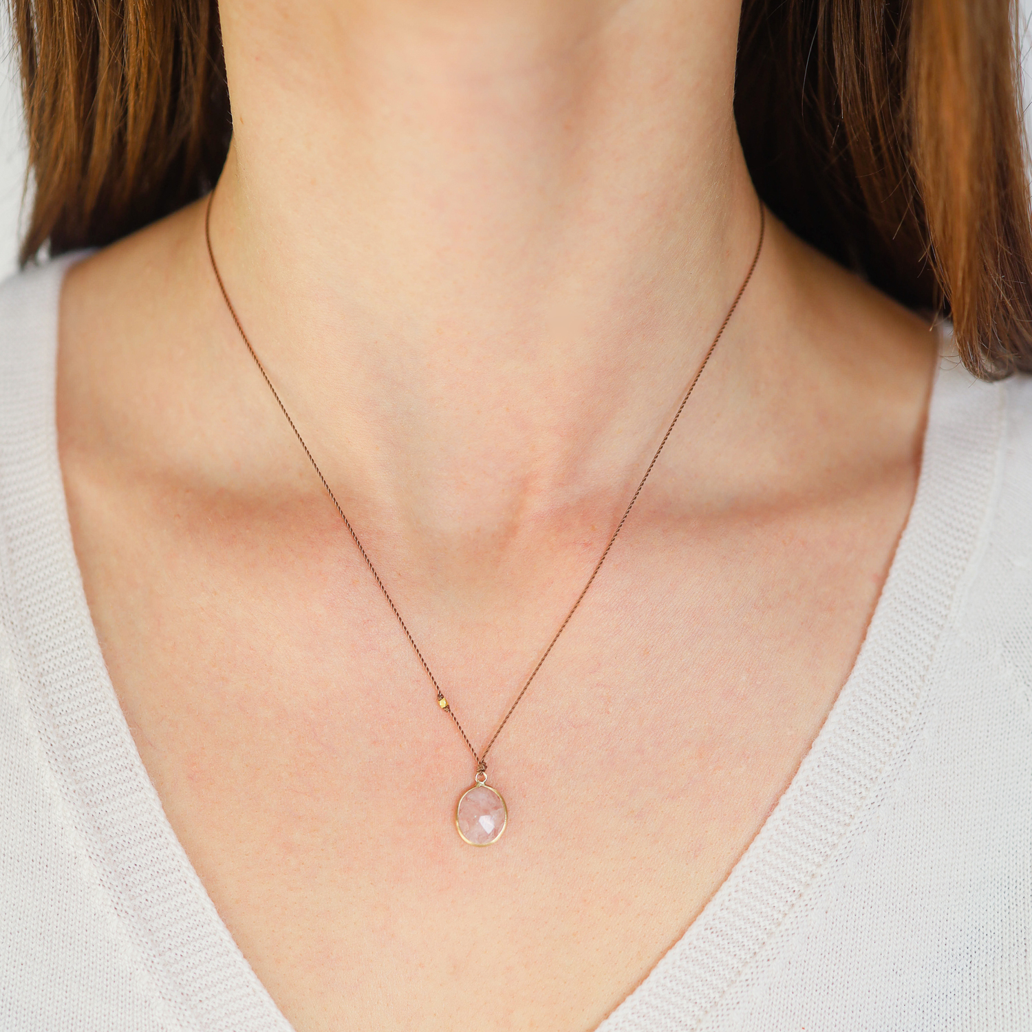 Margaret Solow: Necklace, Morganite, 14K yellow gold, Nylon cord