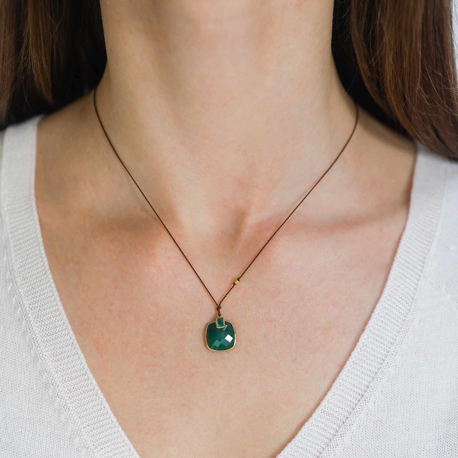 Margaret Solow: Necklace, Emerald 14K & small Emerald 18k yellow gold, Nylon cord
