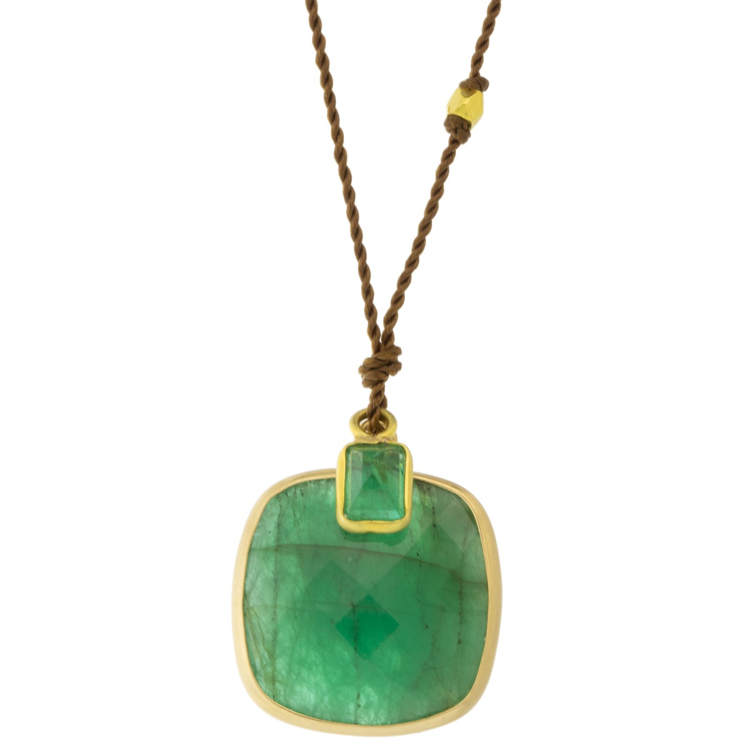 Margaret Solow: Necklace, Emerald 14K & small Emerald 18k yellow gold, Nylon cord
