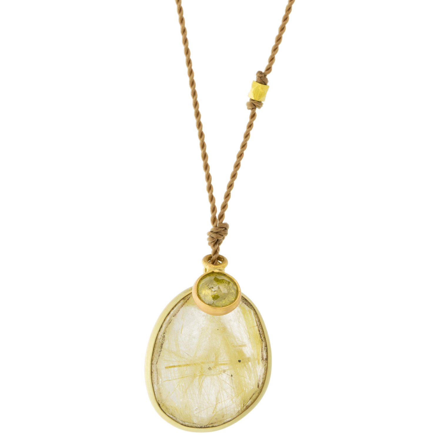 Margaret Solow: Necklace, 18k yellow gold, Rutilated quartz & Diamond, Nylon cord