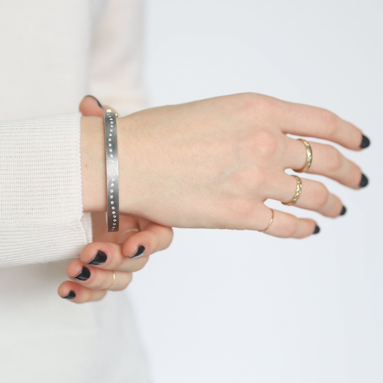 Rene Escobar: Bracelet, Bangle, RENE, 6 MM, SILVER,0.50ct diamonds,Size Medium