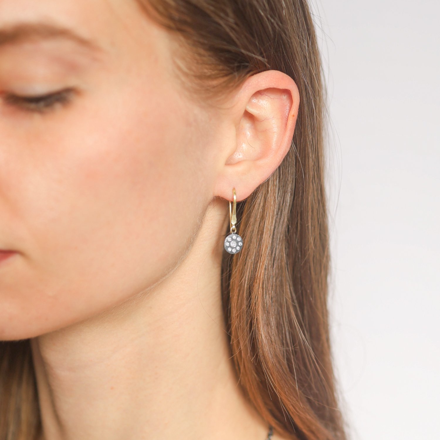 Rene Escobar: Earrings, RONDE, Round Disc,8 MM,Extra Small size, Diamonds, .26 ct, Sterling silver,18K YG wires