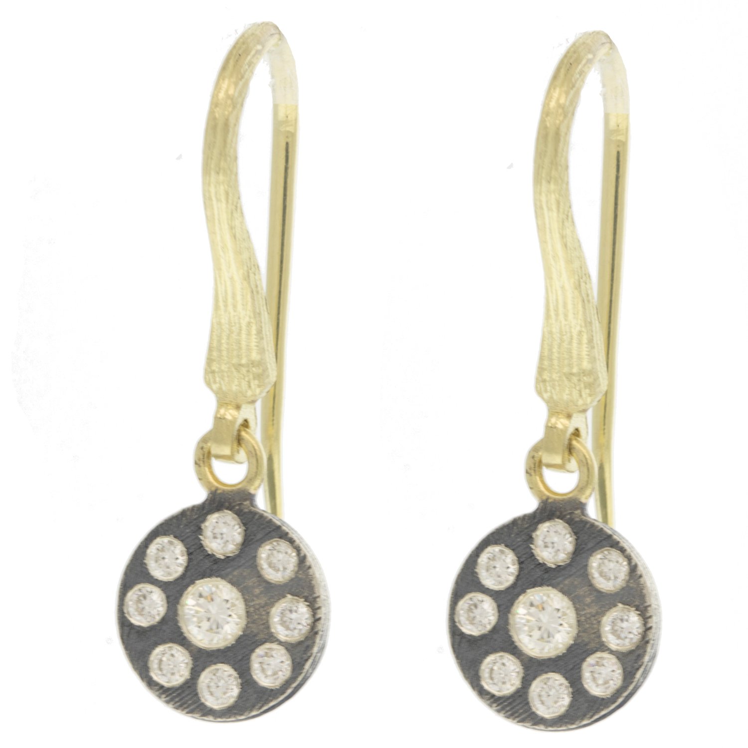 Rene Escobar: Earrings, RONDE, Round Disc,8 MM,Extra Small size, Diamonds, .26 ct, Sterling silver,18K YG wires