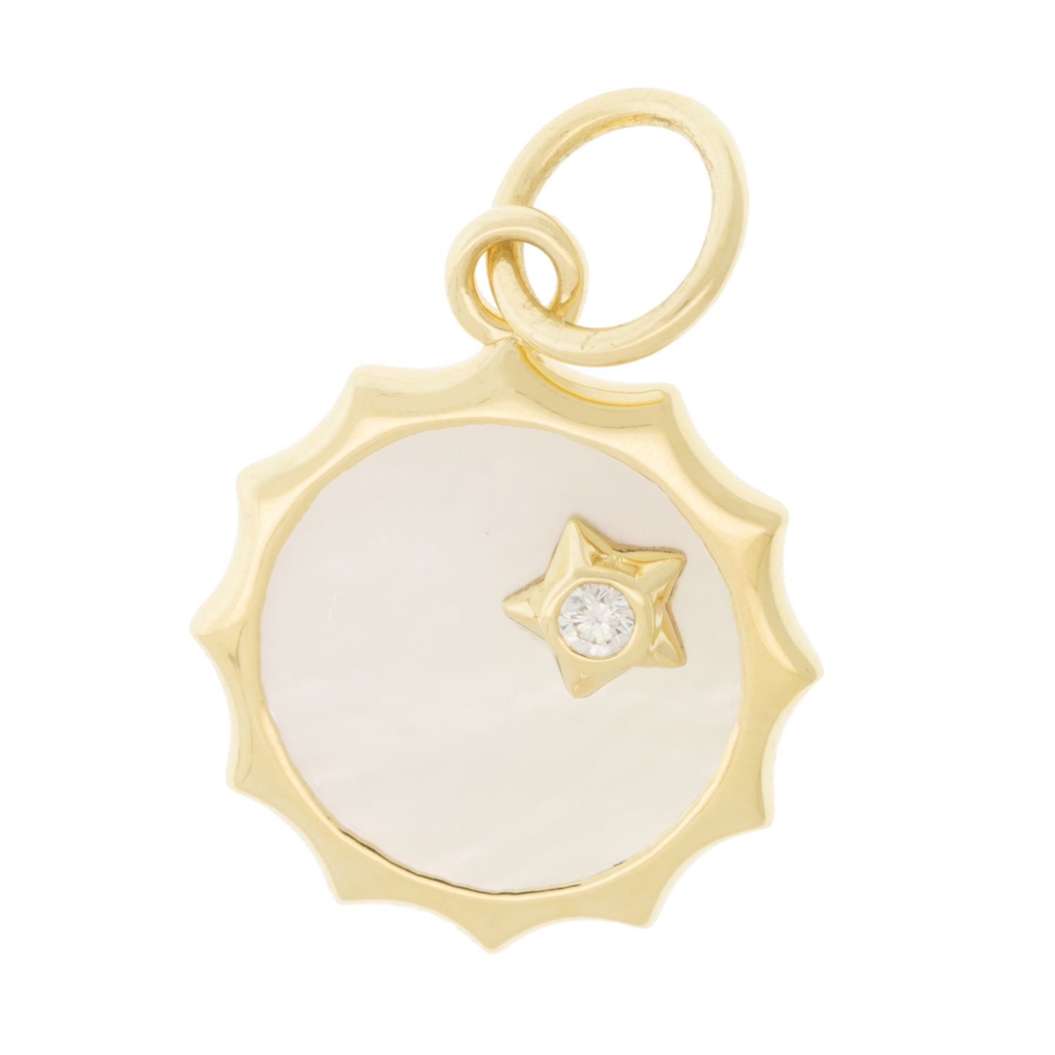 Monica Rich Kosann: 18K Yellow gold SUN pendant ,white Mother of pearl ,diamond,0.003ct, Measures 7/8 x 5/8 including bail