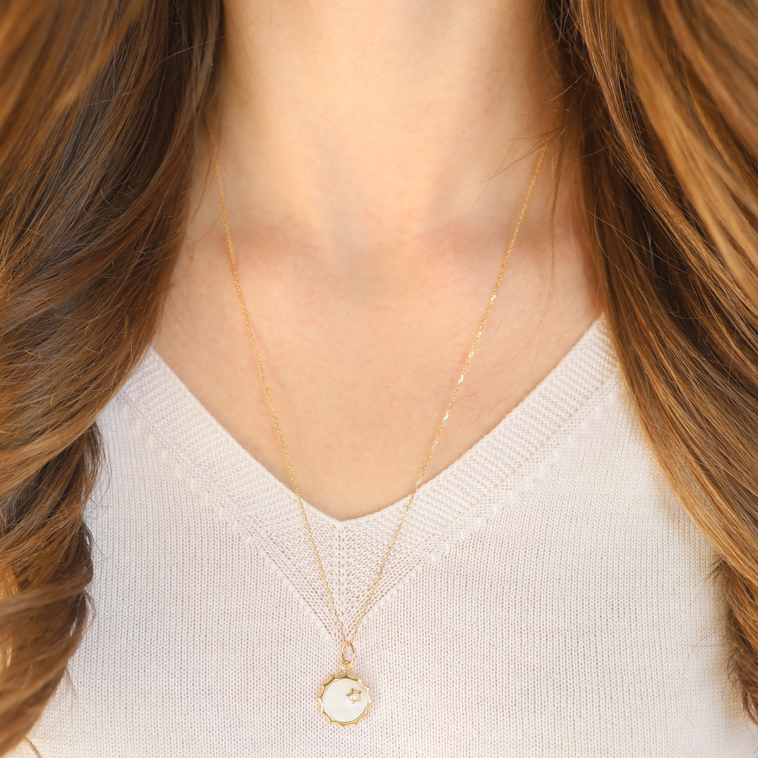 Monica Rich Kosann: 18K Yellow gold SUN pendant ,white Mother of pearl ,diamond,0.003ct, Measures 7/8 x 5/8 including bail