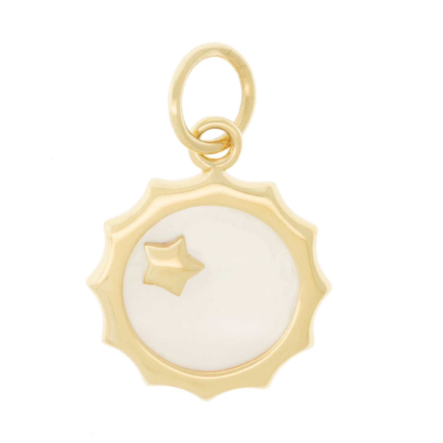 Monica Rich Kosann: 18K Yellow gold SUN pendant ,white Mother of pearl ,diamond,0.003ct, Measures 7/8 x 5/8 including bail