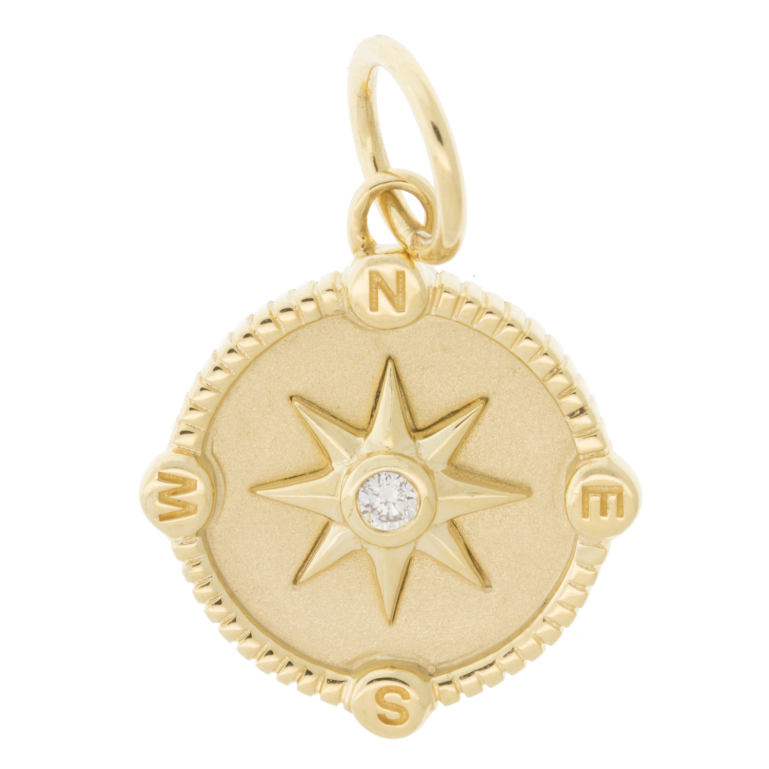 Monica Rich Kosann: 18 Yellow gold Miniature Compass charm with center white diamond,0.033cts, Measures 7/8 x 9/16 including bail