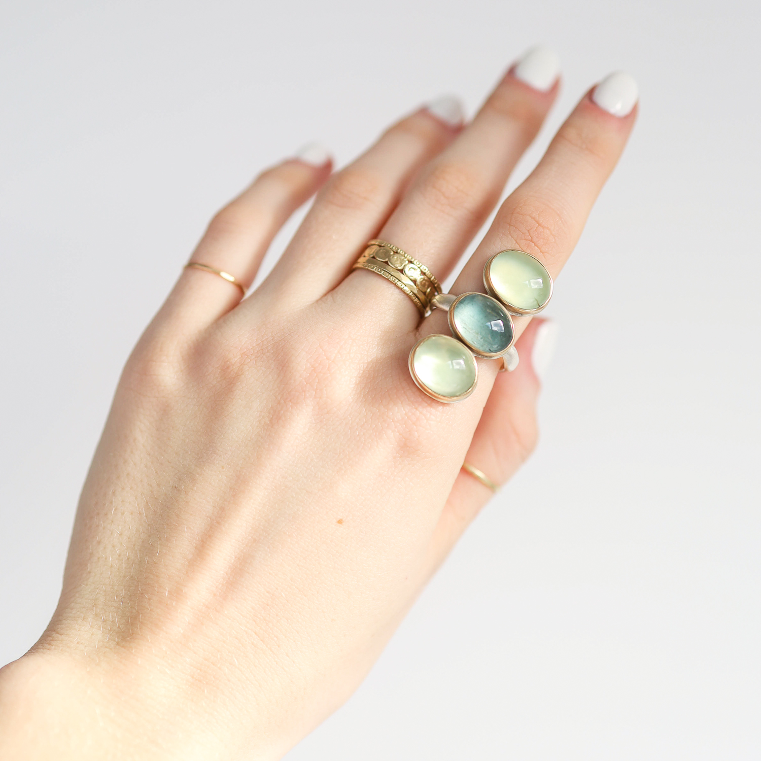 Jamie Joseph Trunk Show: SS & 14K Gold Ring w/Triple Oval Smooth Prehnite & Moss Aquamarine on Middle Groovy Band, sz 7 1 5/16" x 1/2"