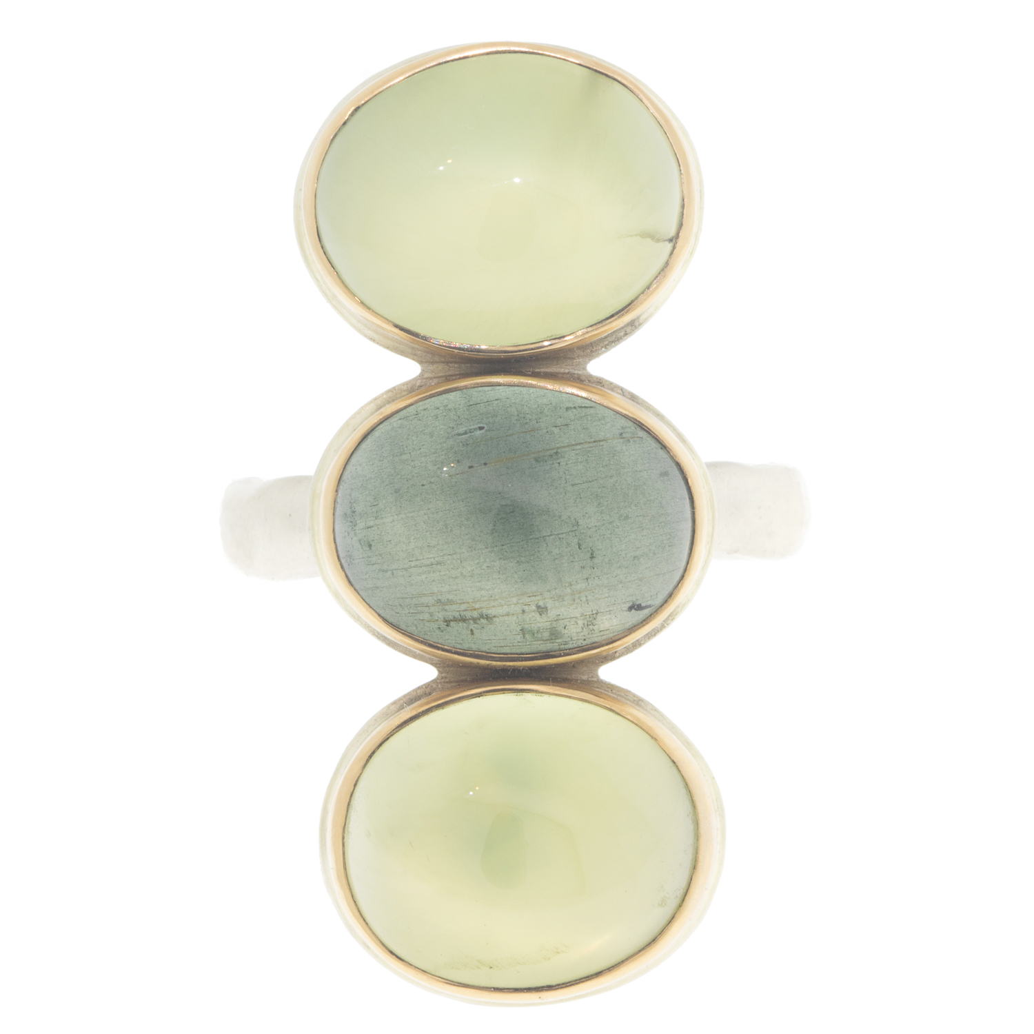 Jamie Joseph Trunk Show: SS & 14K Gold Ring w/Triple Oval Smooth Prehnite & Moss Aquamarine on Middle Groovy Band, sz 7 1 5/16" x 1/2"