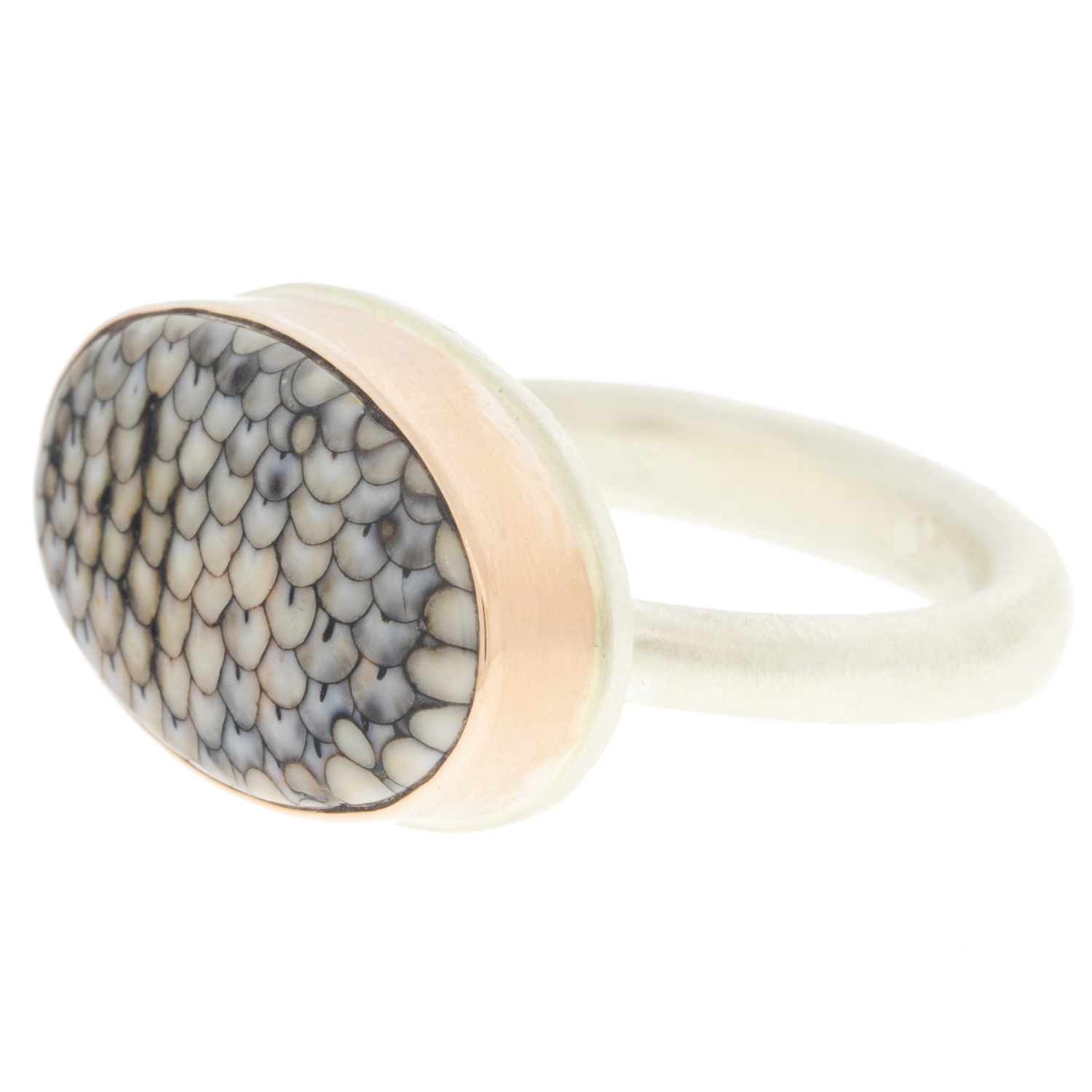 Jamie Joseph: Ring, SS & 14K rose gold ring w/ Oval SNAKESKIN AGATE on Egyptian Band sz. 6 3/4, 7/16" x 3/4"