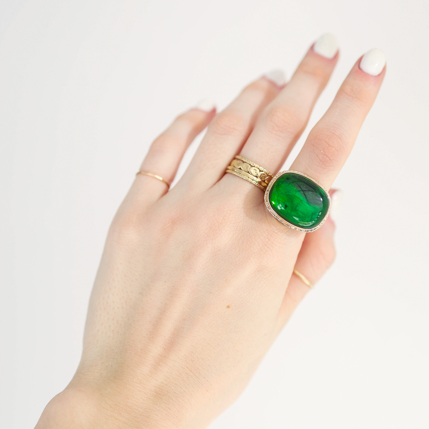 Jamie Joseph: SS & 14k Gold ring w/ Large Rectangular Smooth GREEN TOURMALINE on Ruffled Platform and Egyptian Band, sz. 7.75, 11/16" x 7/8"