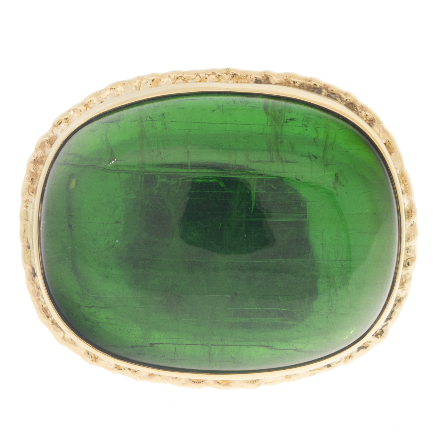 Jamie Joseph: SS & 14k Gold ring w/ Large Rectangular Smooth GREEN TOURMALINE on Ruffled Platform and Egyptian Band, sz. 7.75, 11/16" x 7/8"