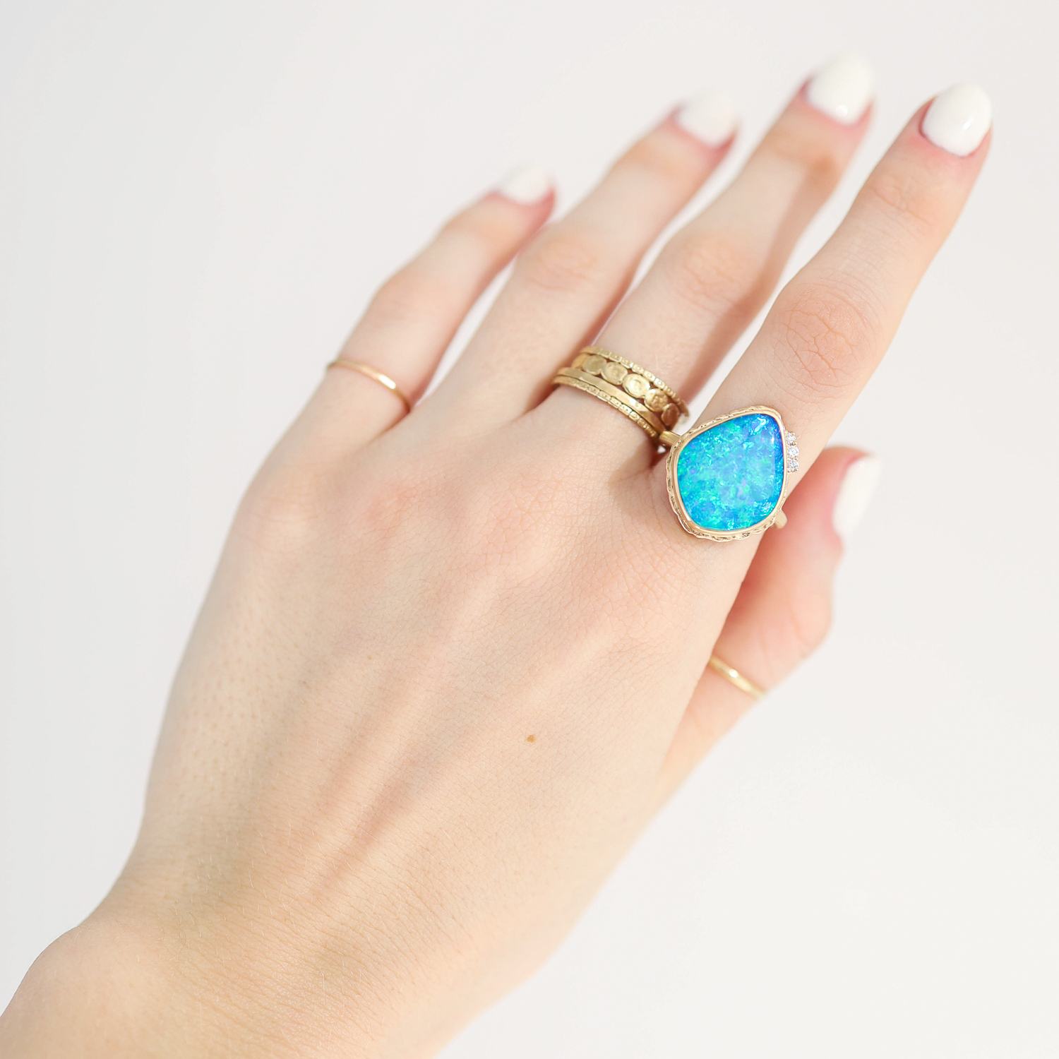 Jamie Joseph: Ring, 14K gold ring w/Vertical Asymmetrical AUSTRALIAN CRYSTAL OPAL & Triple Satellite Diamonds .057 TCW on Ruffled Platform and Sand Band sz. 7, 11/6" x 9/16"
