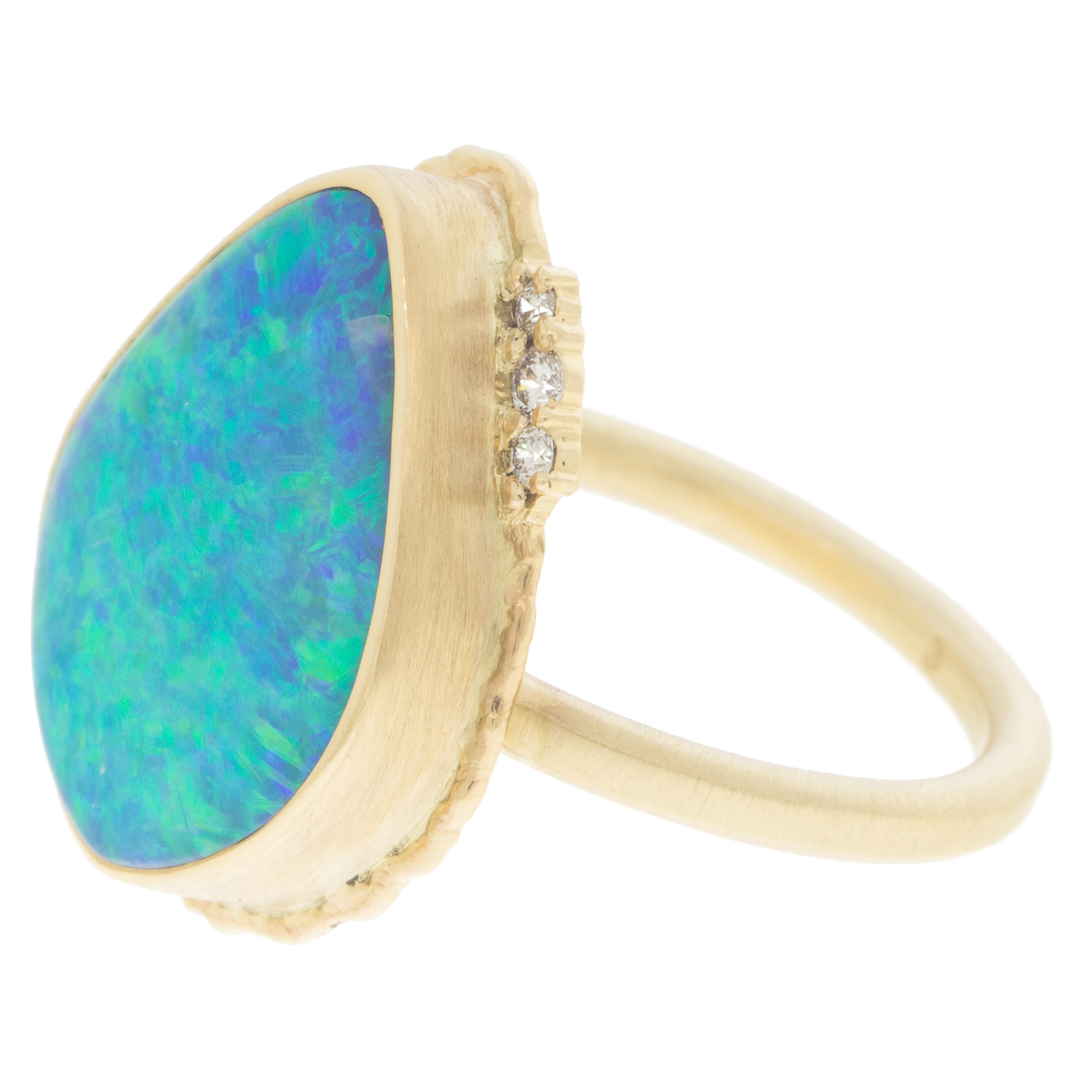 Jamie Joseph: Ring, 14K gold ring w/Vertical Asymmetrical AUSTRALIAN CRYSTAL OPAL & Triple Satellite Diamonds .057 TCW on Ruffled Platform and Sand Band sz. 7, 11/6" x 9/16"