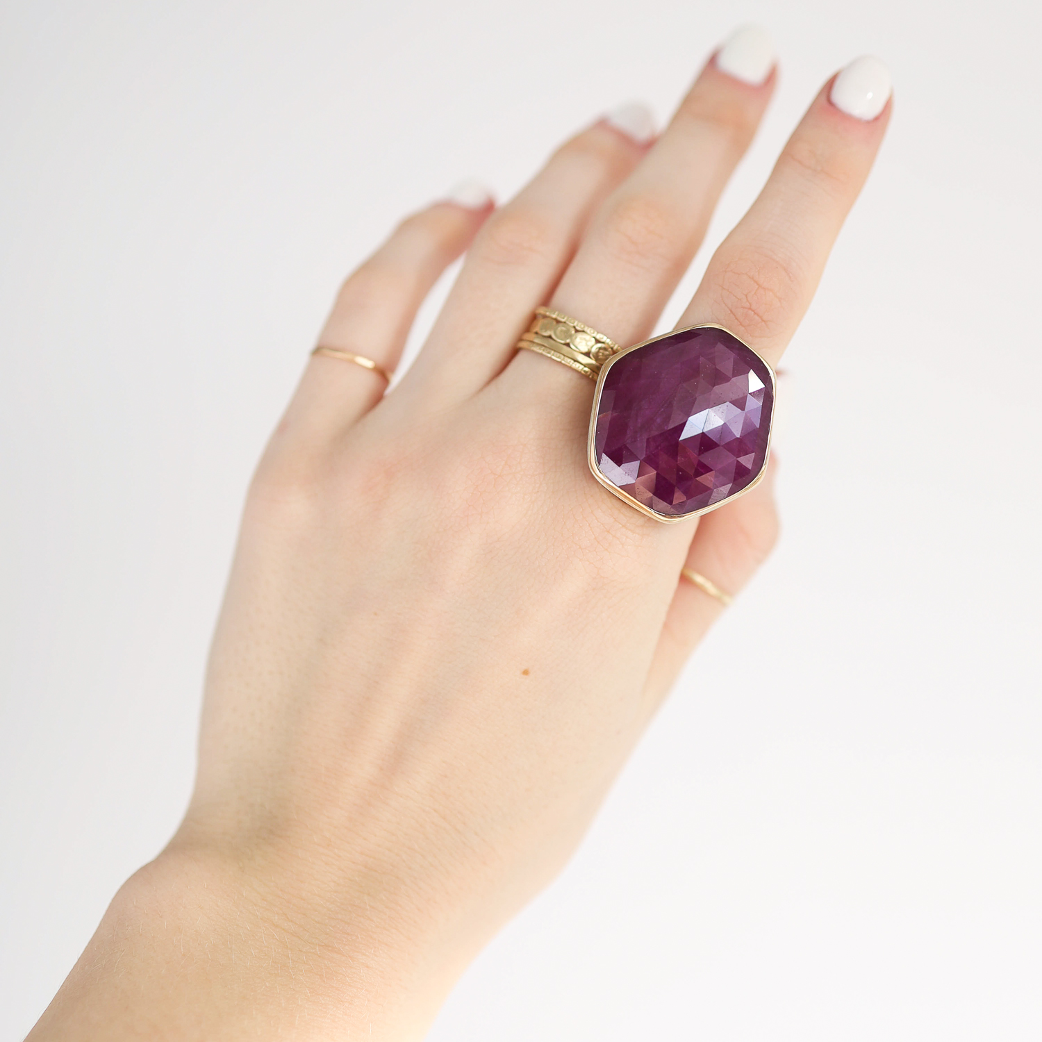 Jamie Joseph: Ring, Extra large hexagonal rose cut, 14K gold bezel set Idian ruby, Sterling silver groovy band, Stone measures 11/16 x 11/16, Currently available in size 8 1/2