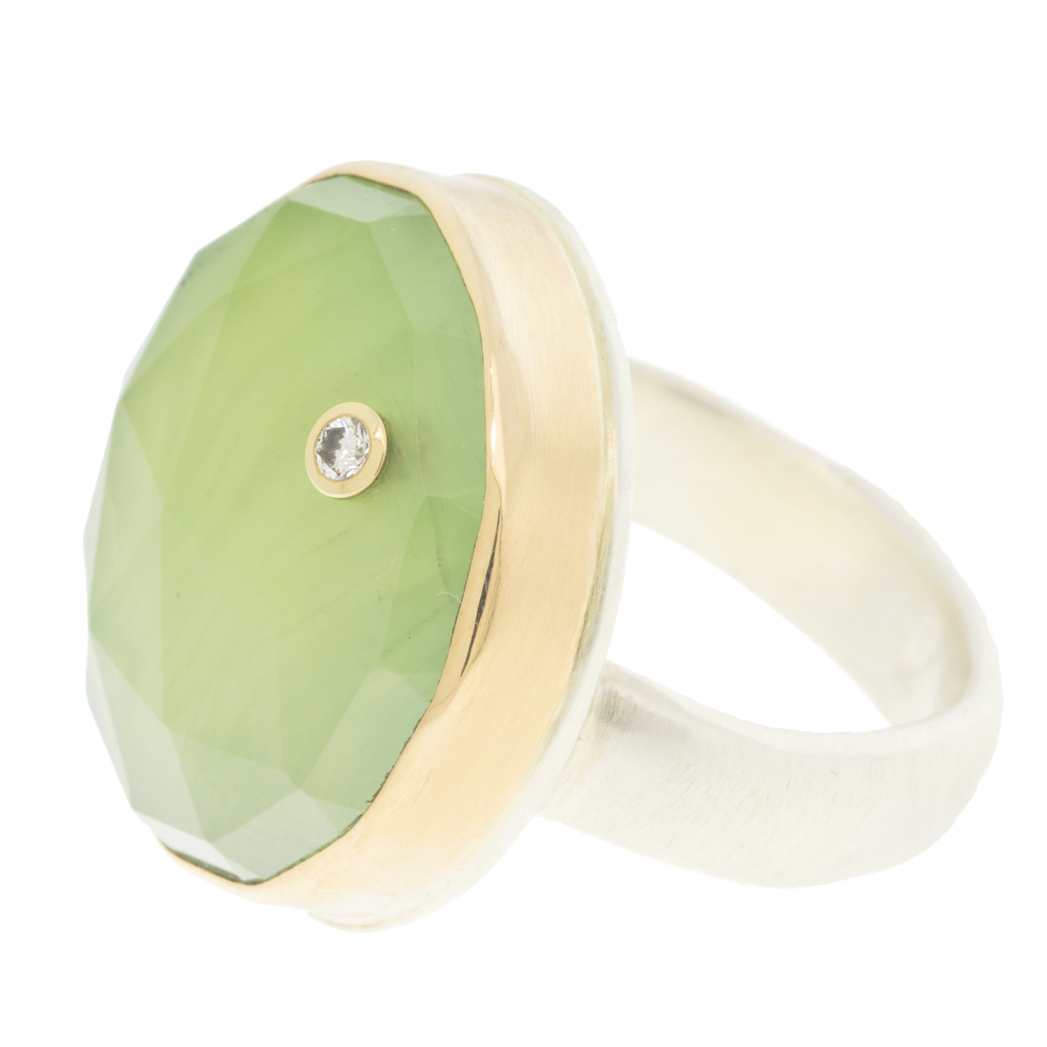 Jamie Joseph Trunk Show: SS & 14K Gold Ring w/Round Rose Cut Prehnite & .03 ct Diamond on Comfort Band, sz 7.25 3/4" in diameter
