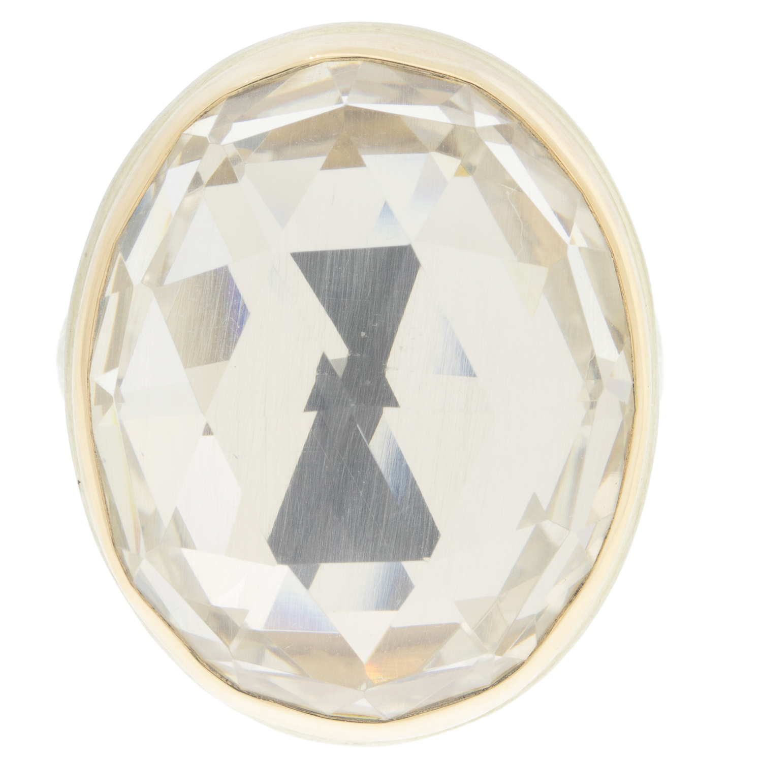 Jamie Joseph Trunk Show: SS & 14K gold ring w/ Vertical Oval Rose Cut ROCK CRYSTAL on Groovy Band sz 7 1/2 15/16 X 3/4