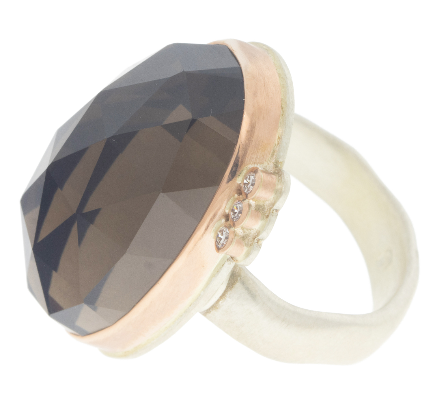 Jamie Joseph: Ring, Vertical oval rose cut, 14K rose gold bezel set smoky quartz, Triple satellite diamonds, .075 TCW, Sterling silver groovy band, Stone measures 1 x 5/8, Currently available in size 7 3/4