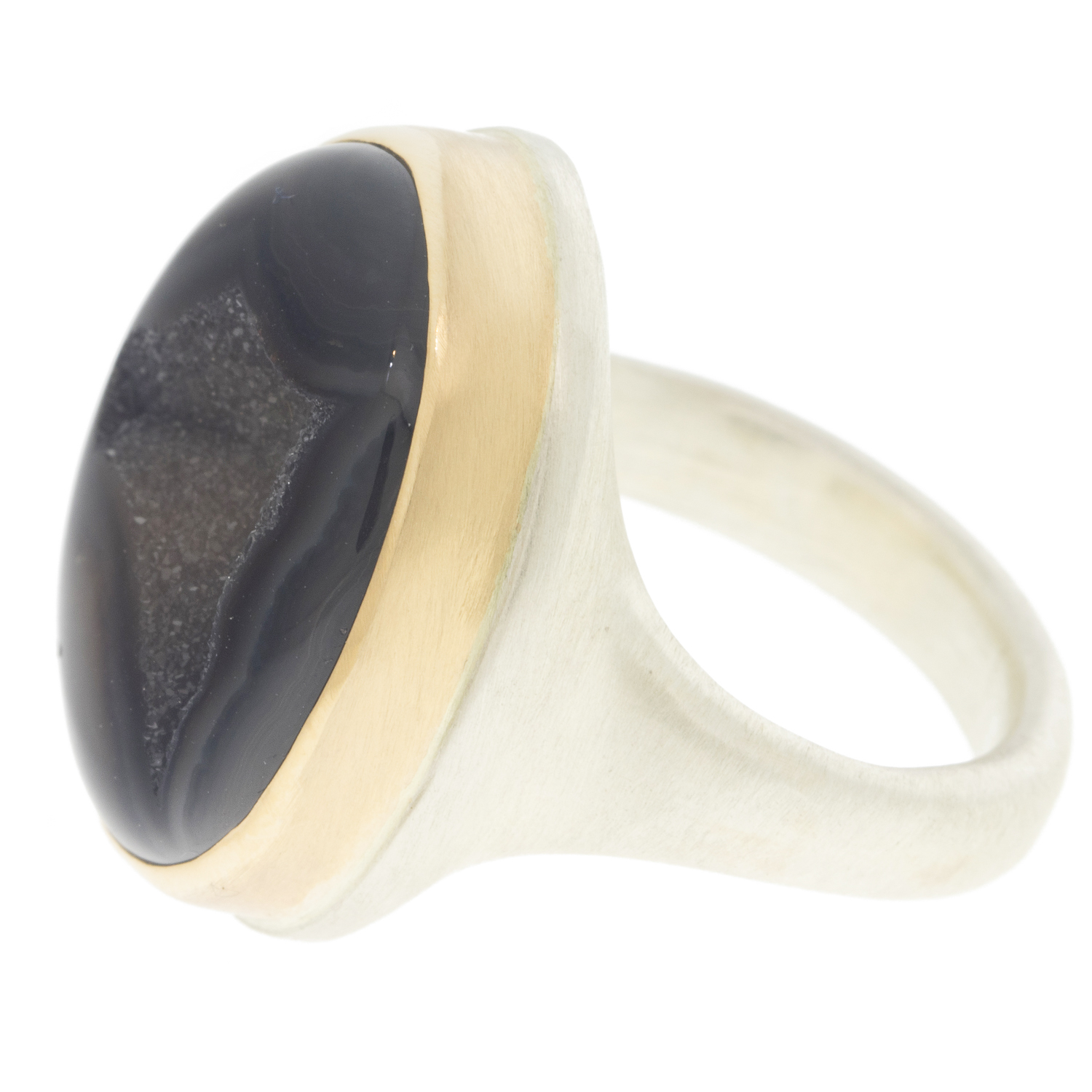 Jamie Joseph: SS & 14k Gold Ring w/Vertical Asymmetrical BALI DARK DRUSY & .03ct diamond on tapered Organic band w/hidden JJ tag size 7.25 13/16" x 11/16"