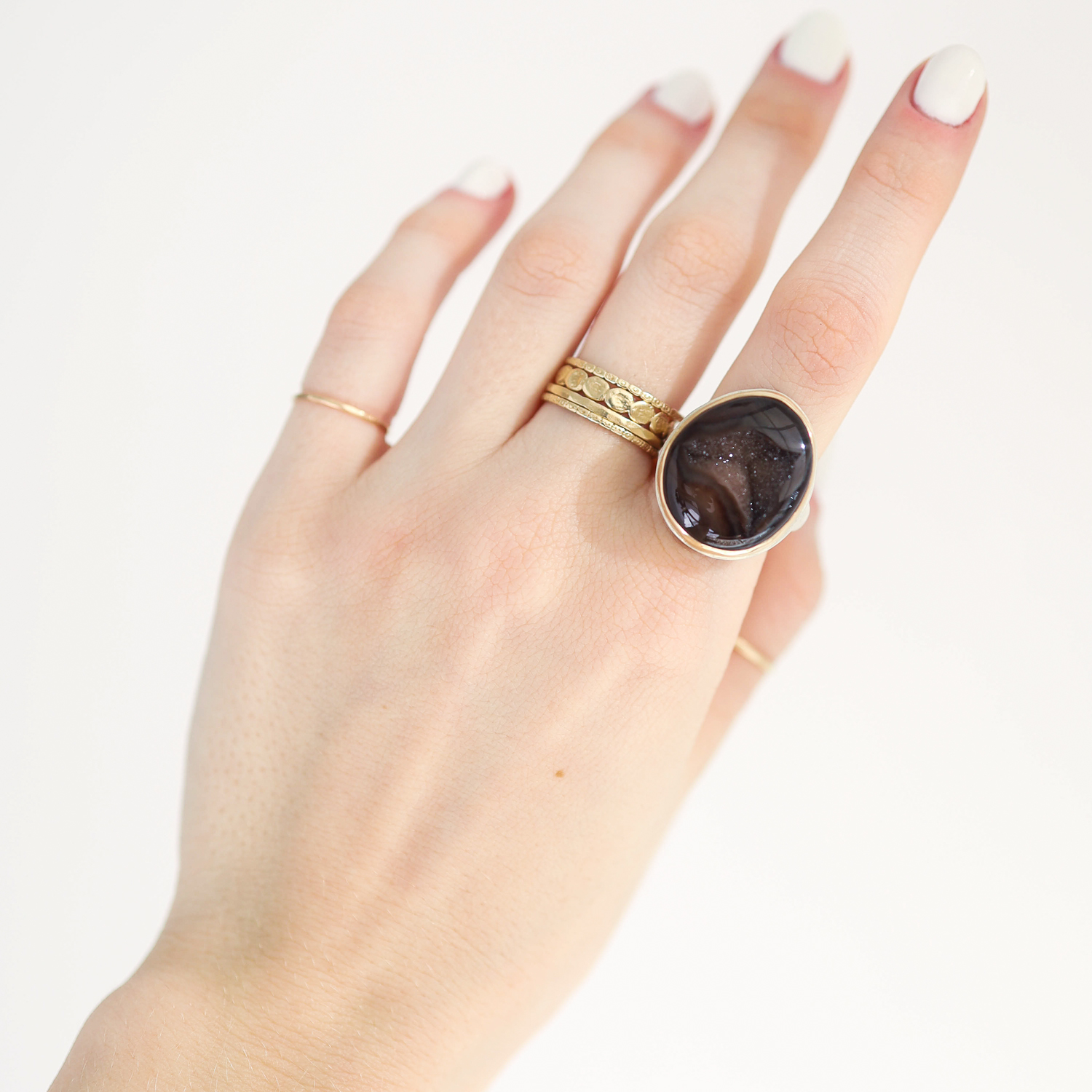 Jamie Joseph: SS & 14k Gold Ring w/Vertical Asymmetrical BALI DARK DRUSY & .03ct diamond on tapered Organic band w/hidden JJ tag size 7.25 13/16" x 11/16"